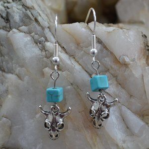 Cow Skull Earrings with Turquoise Bead- Handmade